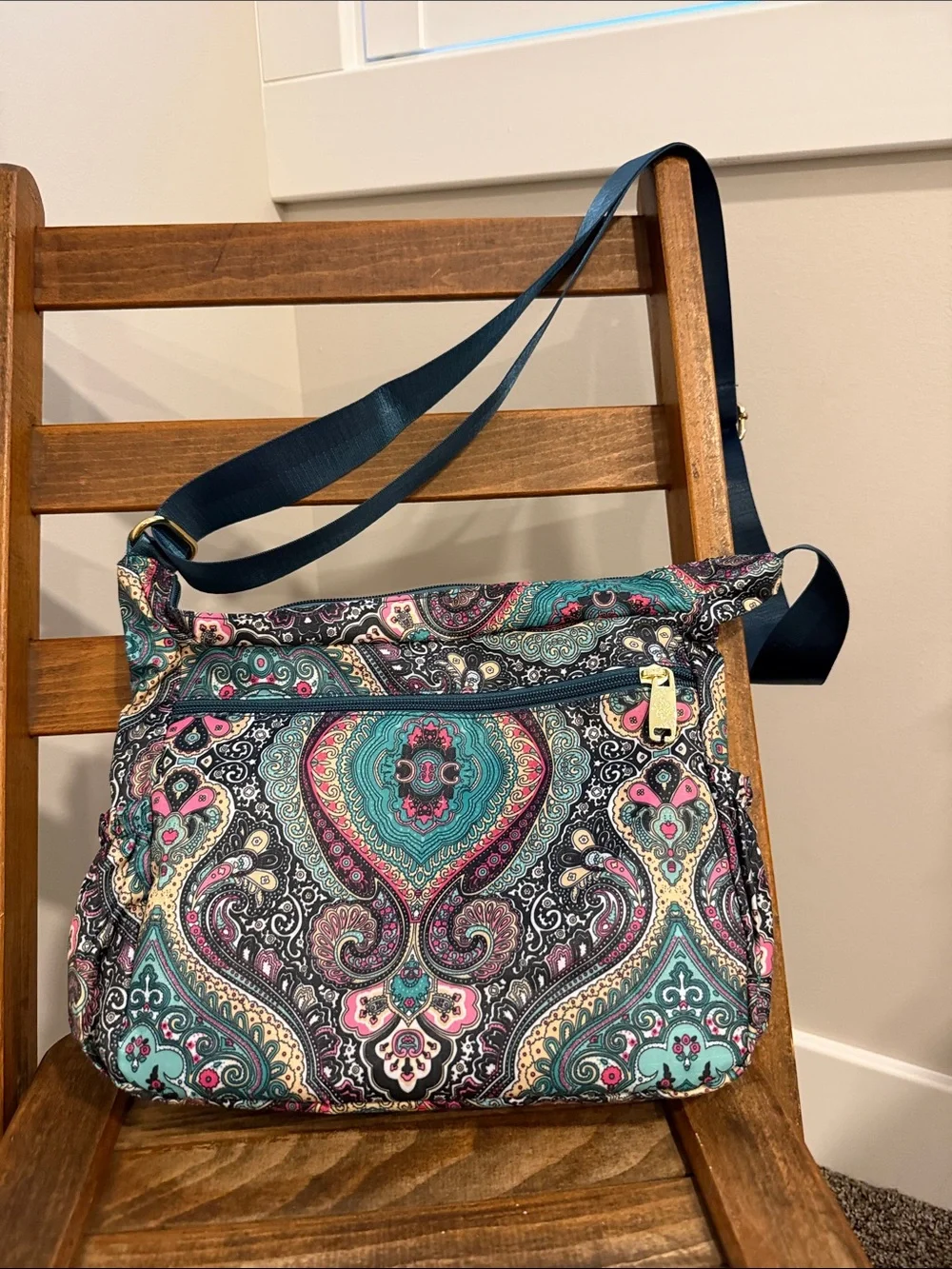 Yuesite Paisley Crossbody Bag Multicolor Teal Pink Navy Multiple Pockets